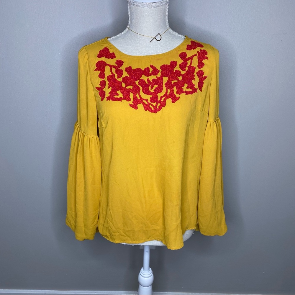 Mustard Yellow Chiffon Blouse with Red Embroidery